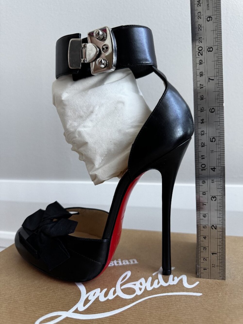 NEW Christian Louboutin Fetish 130 Black Calf Leather Ankle Cuff Sandals 38.5